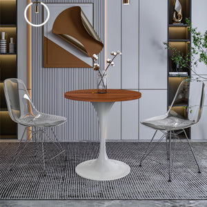 Mid-Century Modern 27 Inch Round Dining Table, MDF Wood Tabletop with White Steel Pedestal Base, Contemporary Kitchen & Dining Room, Small Space Breakfast Table, Cognac Brown