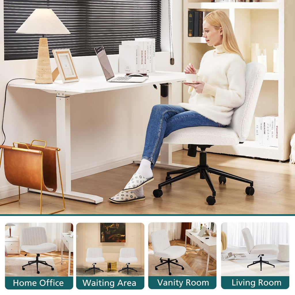 Criss Cross Chair with Wheels Wide Cross Legged Office Desk Vanity Chair Comfy Fabric Armless Adjustable Swivel for Home Computer Task Teddy Beige
