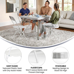 4 Pack, Hercules Series Plastic Folding Chair - White -  650LB Weight Capacity Comfortable Event Chair-Lightweight Folding Chair