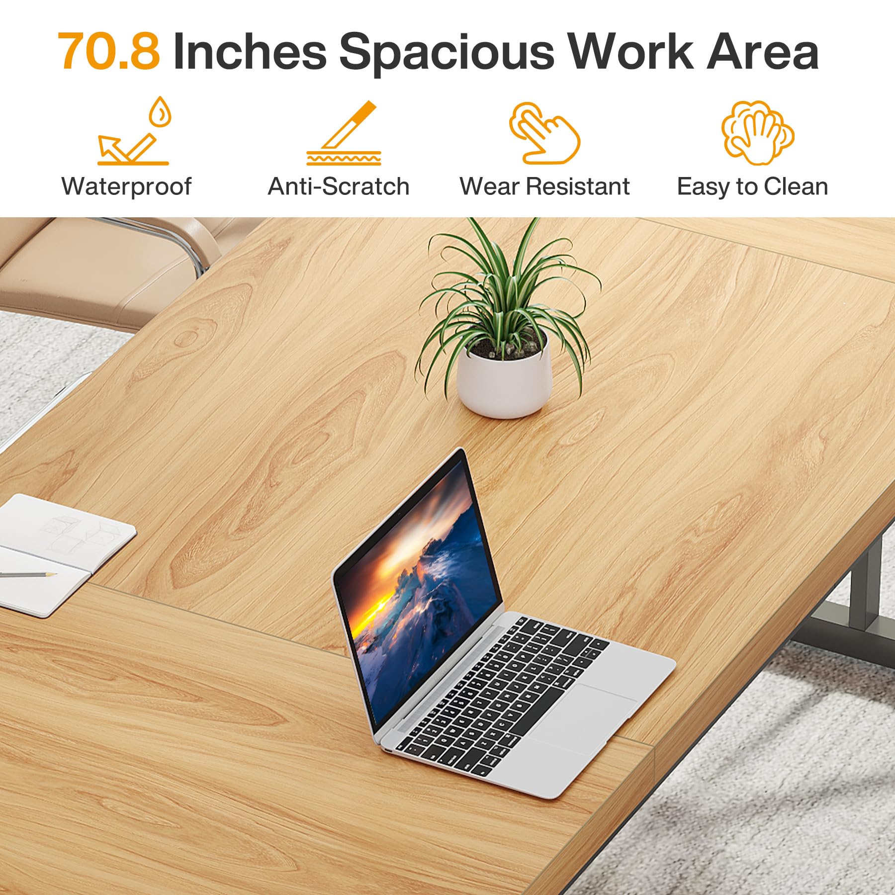 70.8-Inch Executive Desk, Large Computer Office Desk Workstation, Modern Simple Style Laptop Desk Study Writing Table Business Furniture for Home Office (Light Walnut/Black, 70.8 Inch)