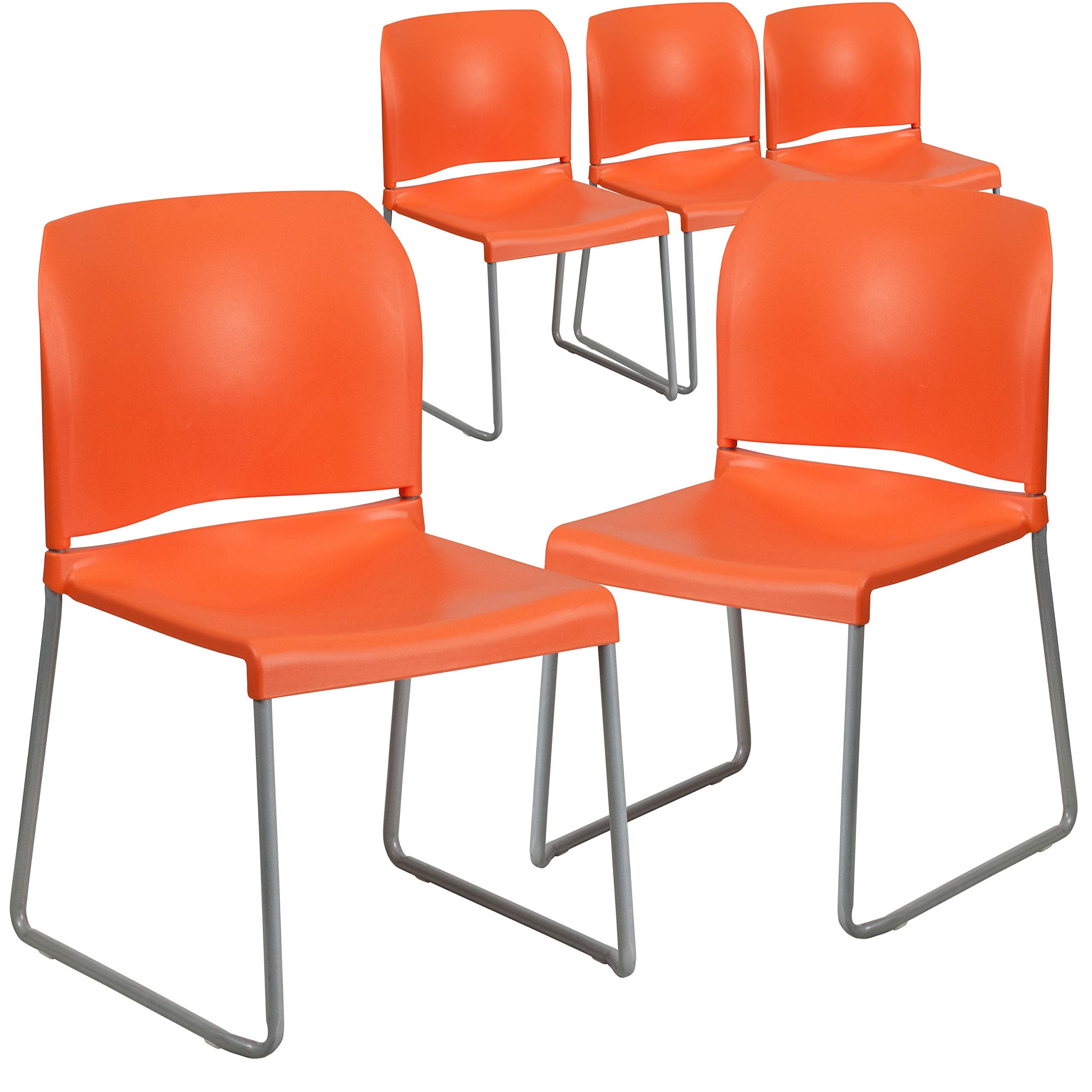 Set of 5, Orange, Hercules Series Contoured Stacking Chairs for Waiting Rooms and Offices, Ergonomic Lobby Chairs with Curved Back