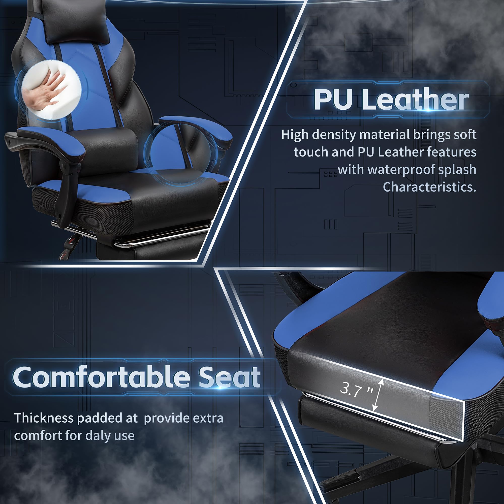 Gaming Chairs for Adults, Computer Chair with Footrest and Ergonomic High Back, Big and Tall Gamer Chairs with Massage Lumbar Support, 360° Swivel Height Adjustable Gaming Chair, Blue
