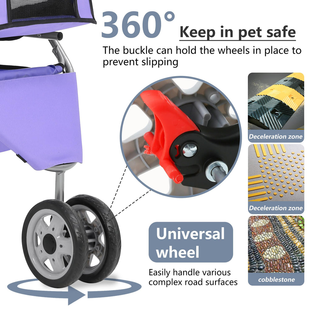 Pet Stroller 3-Wheel Durable Foldable Cat Dog Stroller with Washable Liner Storage Basket Cup Holder,Purple