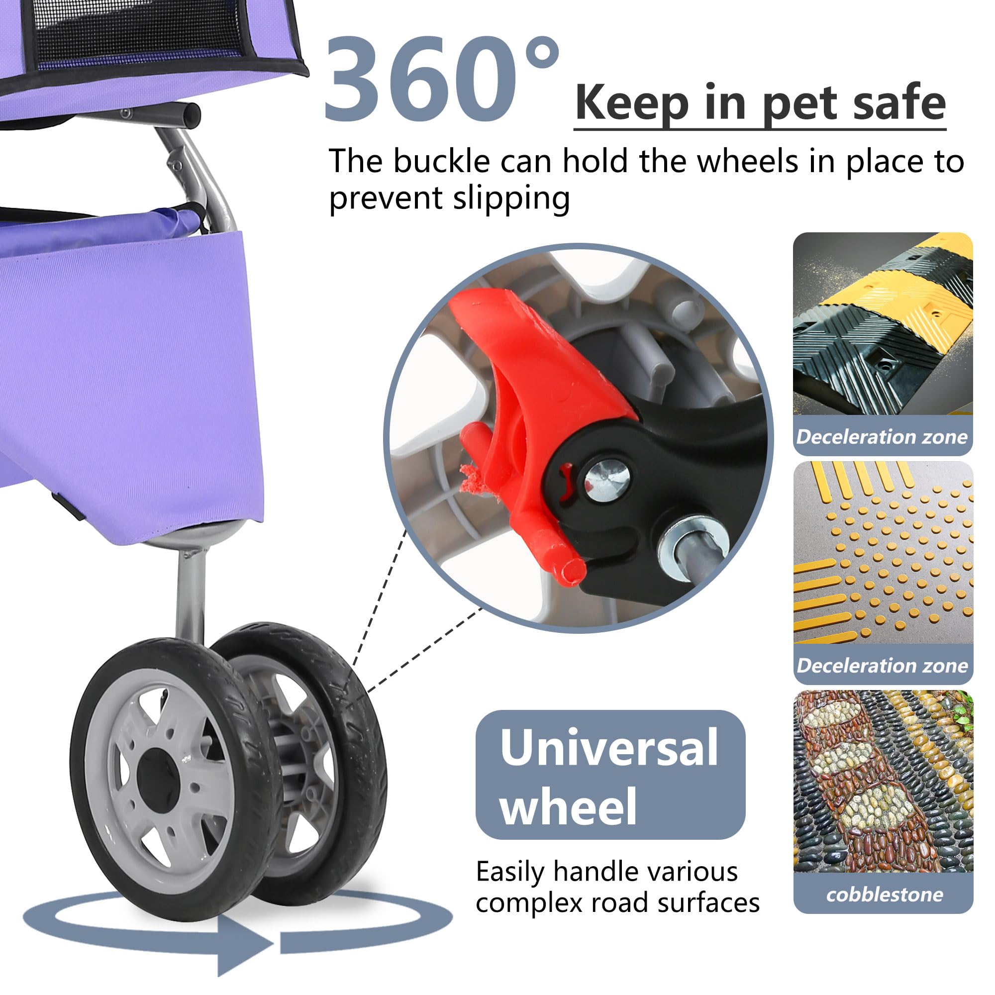 Pet Stroller 3-Wheel Durable Foldable Cat Dog Stroller with Washable Liner Storage Basket Cup Holder,Purple