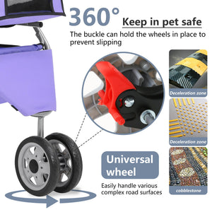 Pet Stroller 3-Wheel Durable Foldable Cat Dog Stroller with Washable Liner Storage Basket Cup Holder,Purple