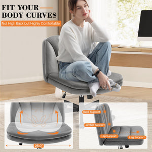 Criss Cross Chair with Wheels, Cross Legged Office Chair, Armless Wide Vanity Desk Chair with 2 Layer Comfty Velvet & Back - Swivel for Home Office Bedroom, Velvet Gray