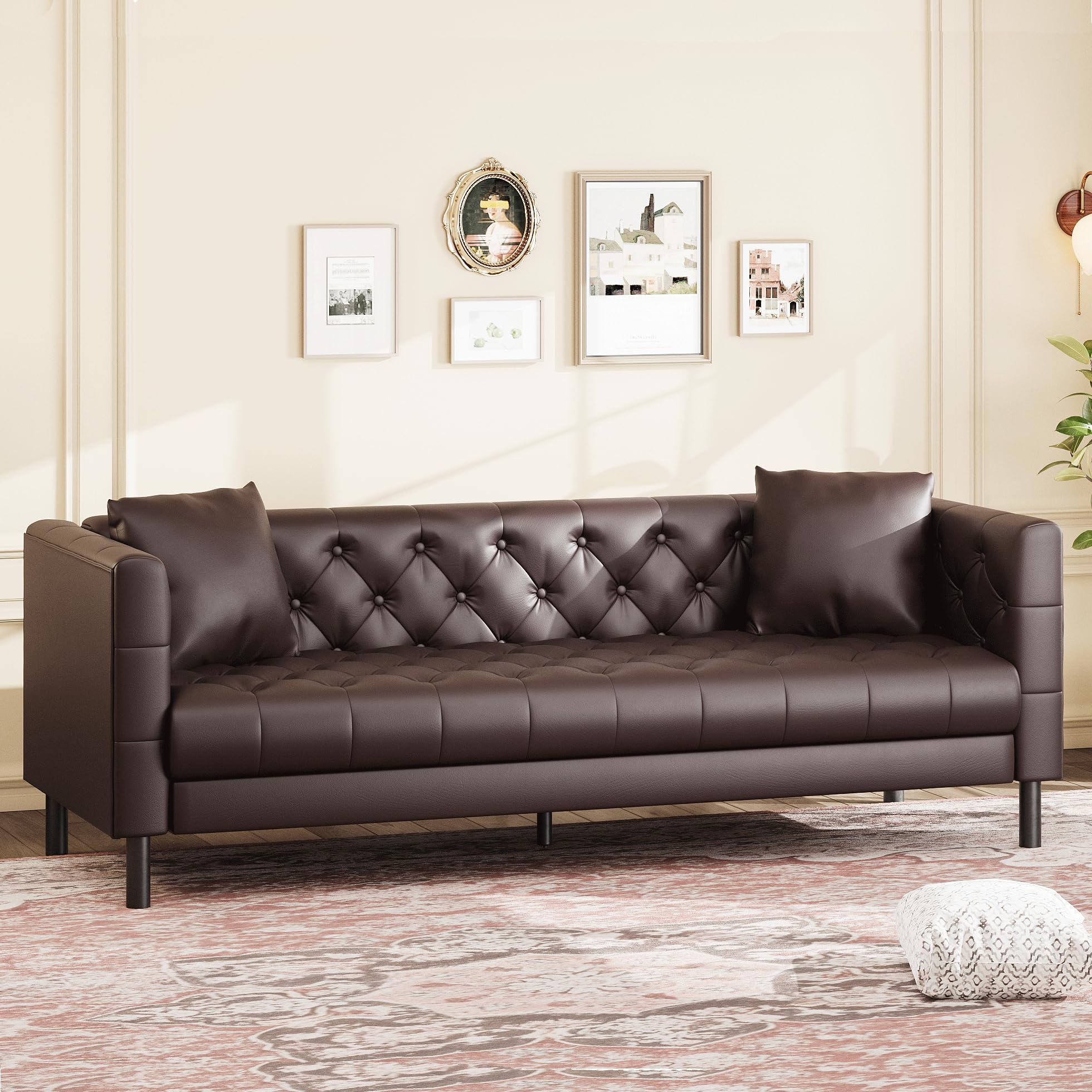 81 in Leather Couch for Living Room, Modern Sofa Couch with Deep Seat and 2 Pillows, Handmade Button Tufted 3 Seater Sofa, Leather Sofa for Apartment, Office, Dark Brown