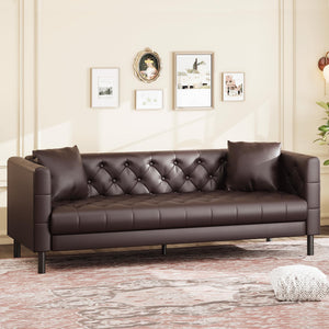 81 in Leather Couch for Living Room, Modern Sofa Couch with Deep Seat and 2 Pillows, Handmade Button Tufted 3 Seater Sofa, Leather Sofa for Apartment, Office, Dark Brown