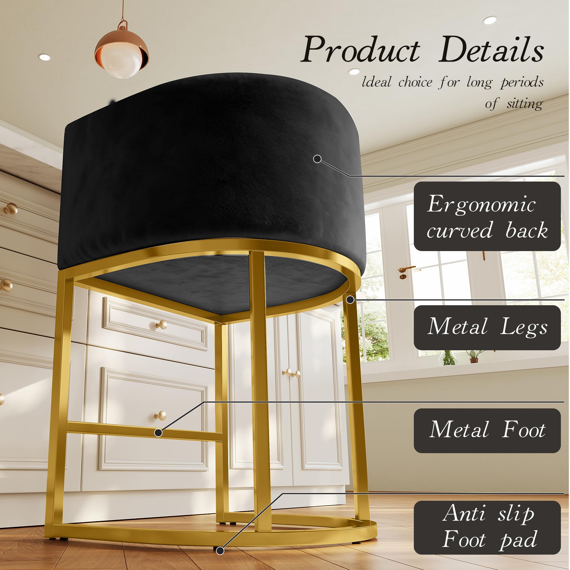 24" Modern Counter Height Bar Stools,Velvet Fabric Upholstered Barrel Barstools with Backs,Island Chairs Bar Stools Set of 1,Metal Gold Frames,Ink Black Velvet