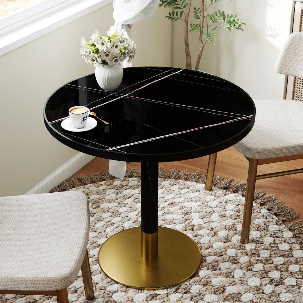 31.5" Tulip Table,Round Kitchen Dining Table for 2-4 with Thick Sintered Stone Top,Titanium Golden Pedestal Base,Heat-Resistant,Bistro Table for Dining Room,Café,Small Space（Gilded Chord）
