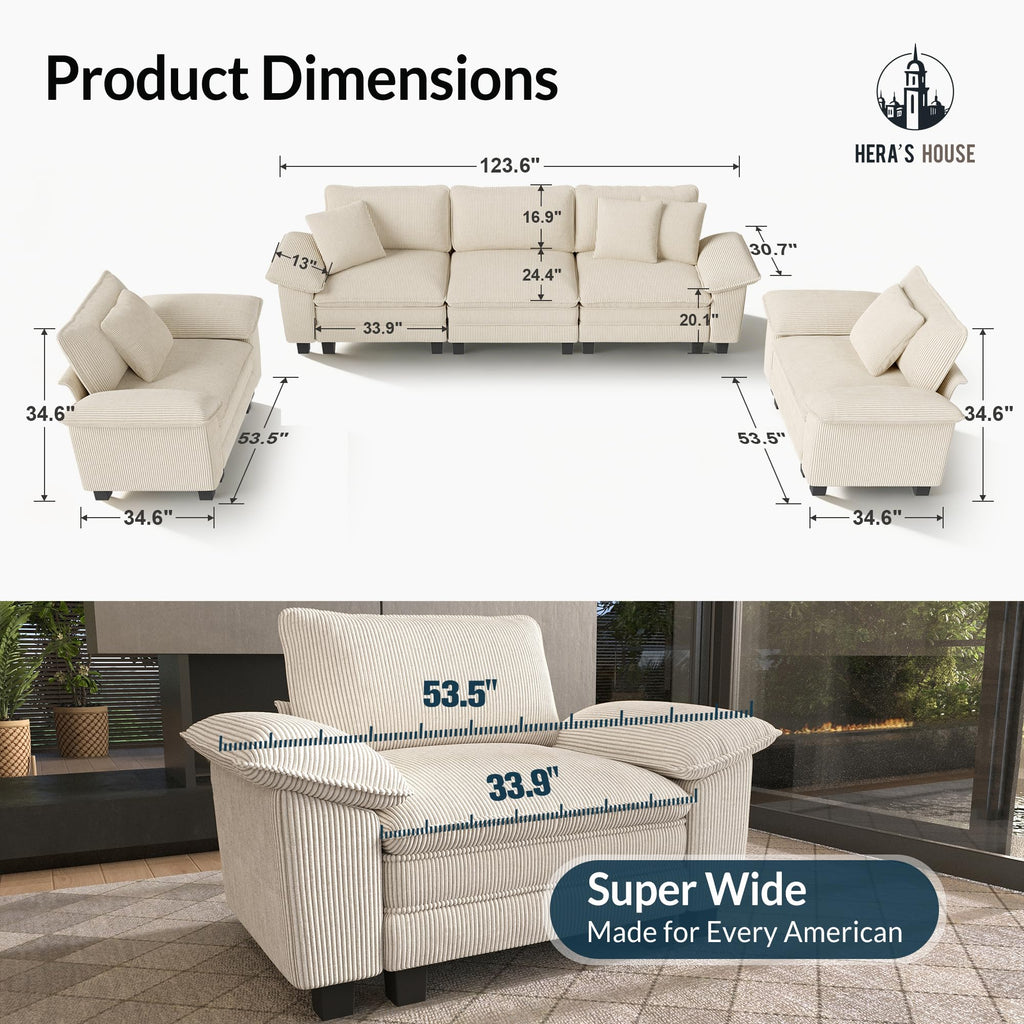 3 Pieces Modular Sectional Sofa Sets, Oversized Couch Set with Loveseat and Armchairs, Comfy Cloud Couches with Throw Pillows, 5-Seater Deep Seat Sofa for Living Room, Corduroy Beige
