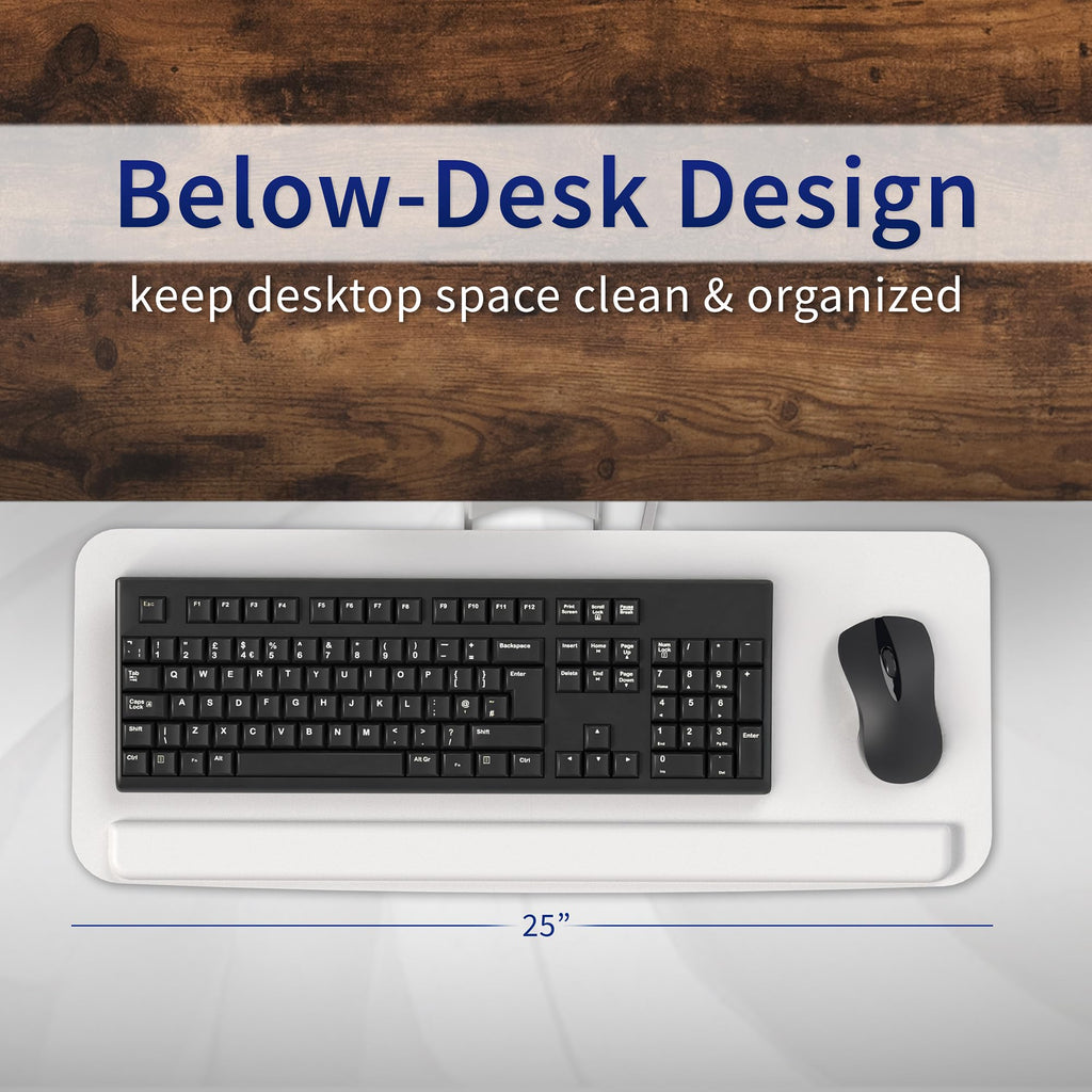 Adjustable 25 x 10 inch Computer Keyboard and Mouse Platform Tray Ergonomic Under Table Desk Mount Drawer Underdesk Shelf, White, MOUNT-KB03W