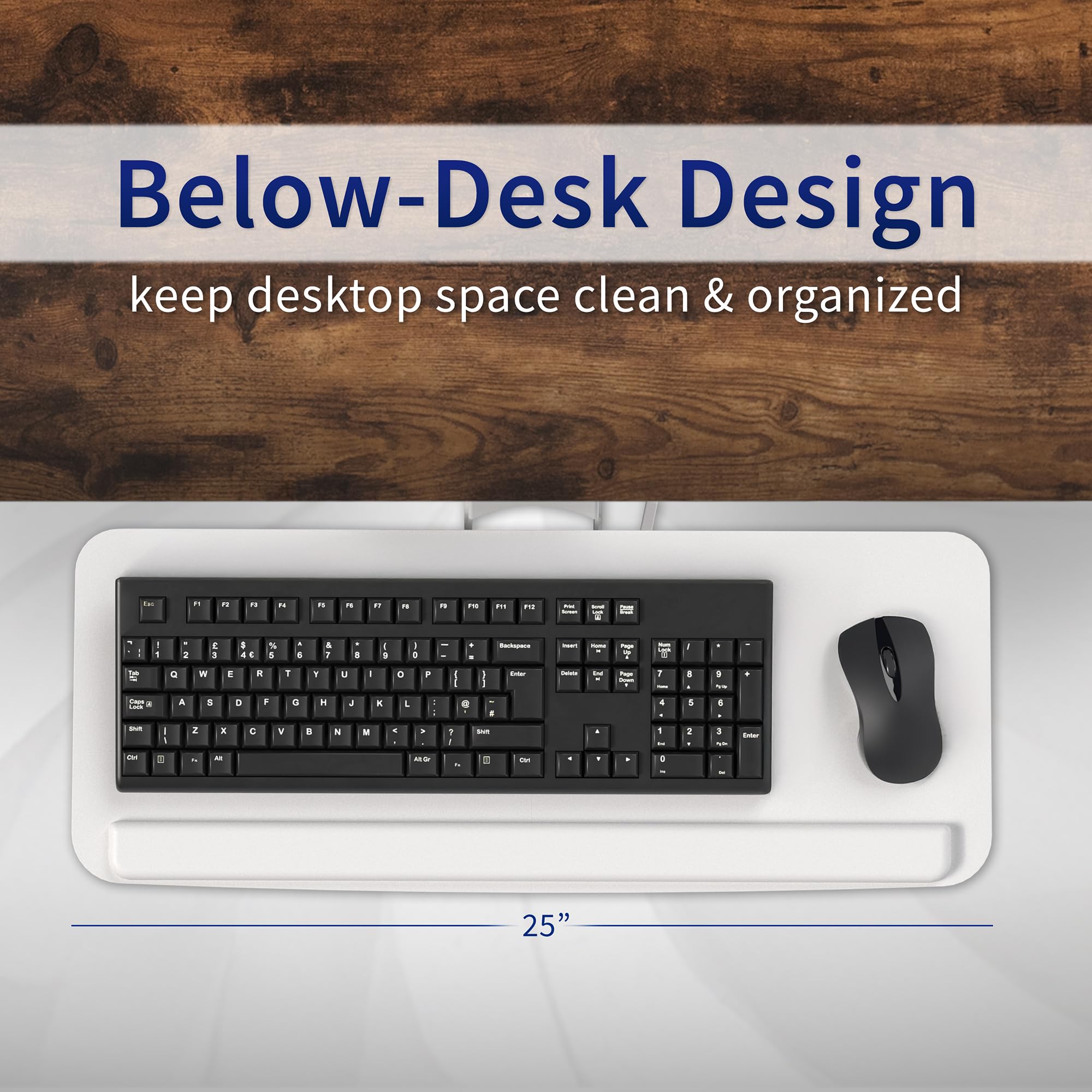 Adjustable 25 x 10 inch Computer Keyboard and Mouse Platform Tray Ergonomic Under Table Desk Mount Drawer Underdesk Shelf, White, MOUNT-KB03W