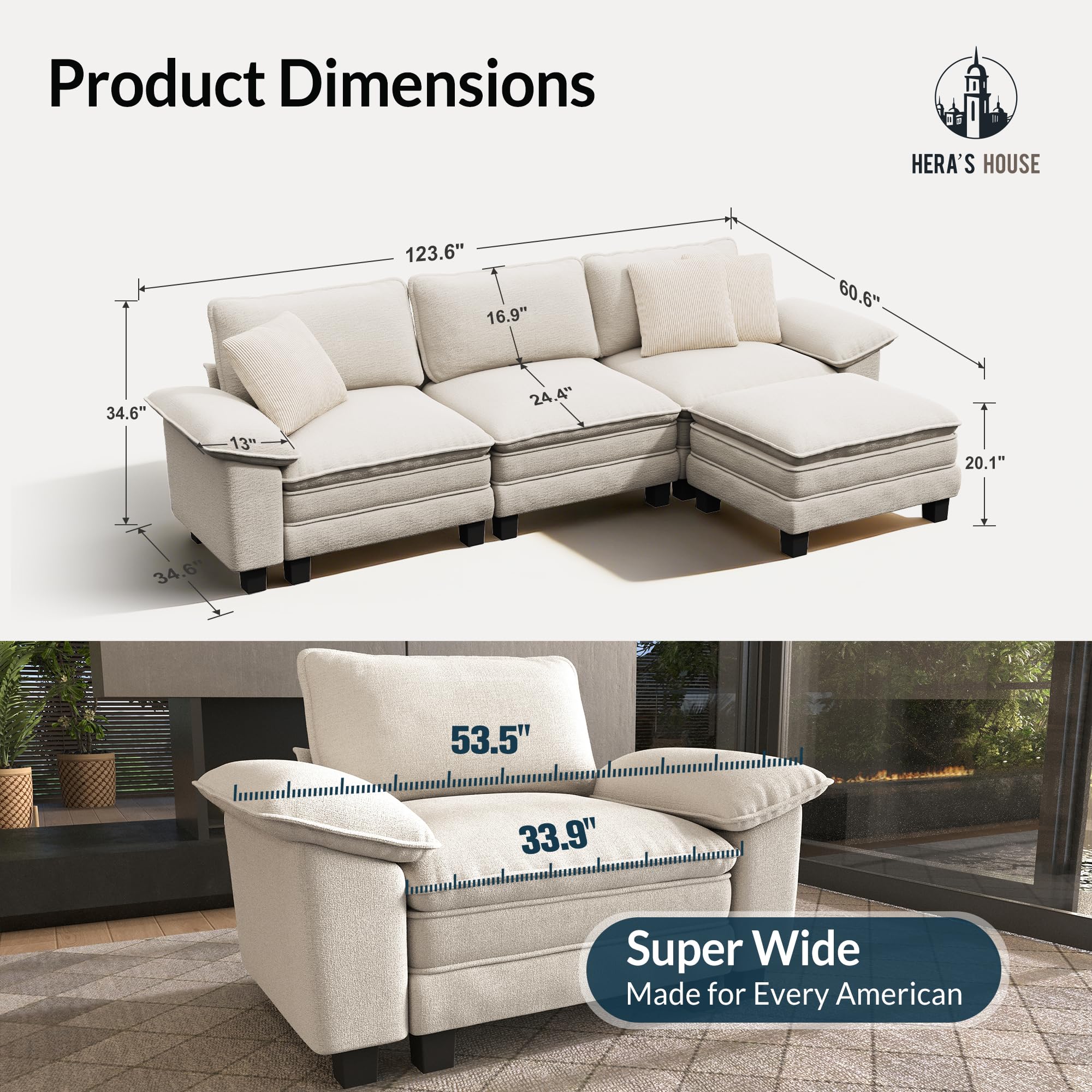 124" Modular Sectional Sofa, Oversized L Shaped Couches for Living Room, Comfy Cloud Couch with Ottoman, 4-Seater Deep Seat Sofa with Throw Pillow, Chenille Beige