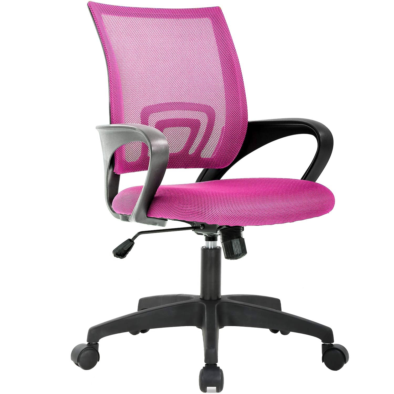 Ergonomic Office Chair | Mid-Back Swivel Desk Chair | Breathable Backrest & Lumbar Support | Adjustable Height | Sponge Seat | Rolling Wheels | Pink | for Adults & Women