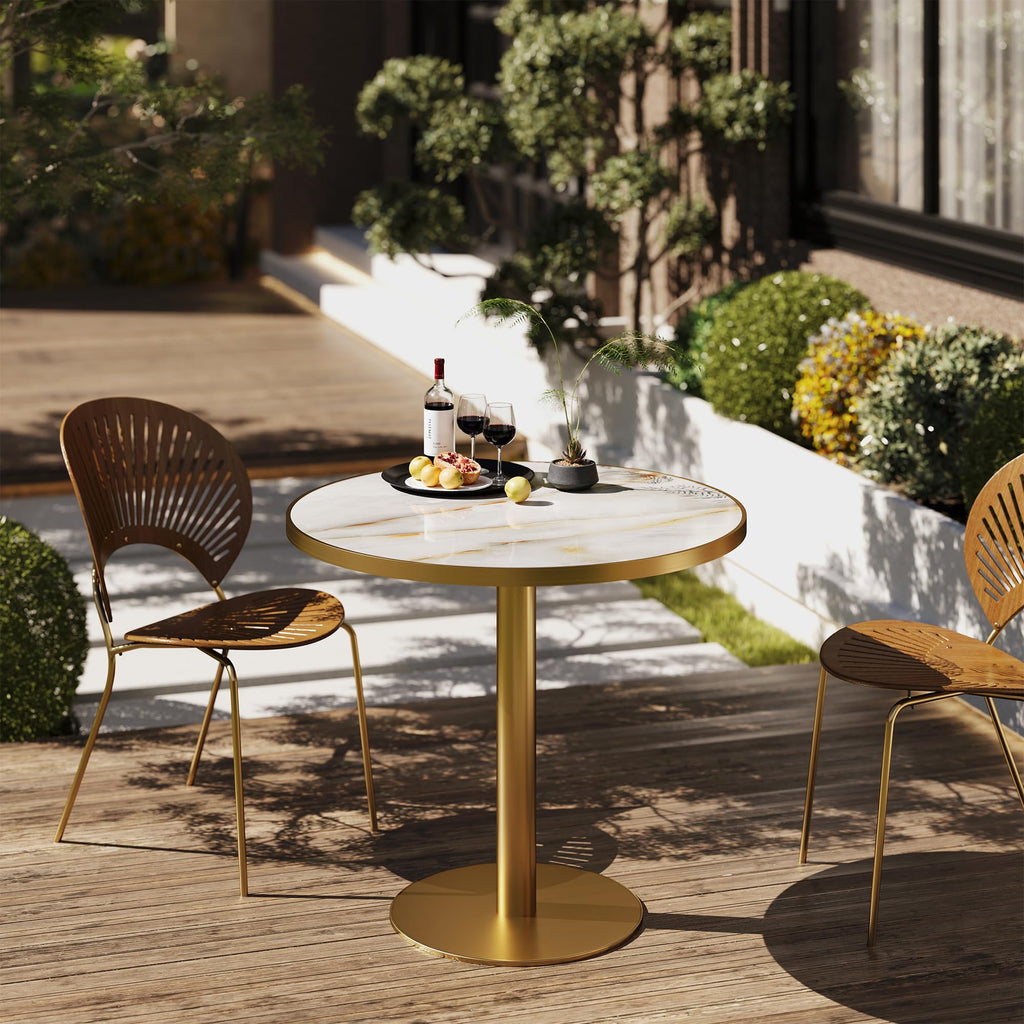 31.5" Tulip Table,Round Kitchen Dining Table for 2-4 with Thick Sintered Stone Top,Titanium Golden Pedestal Base,Heat-Resistant,Bistro Table for Dining Room,Café,Small Space（Sunrise Strings）