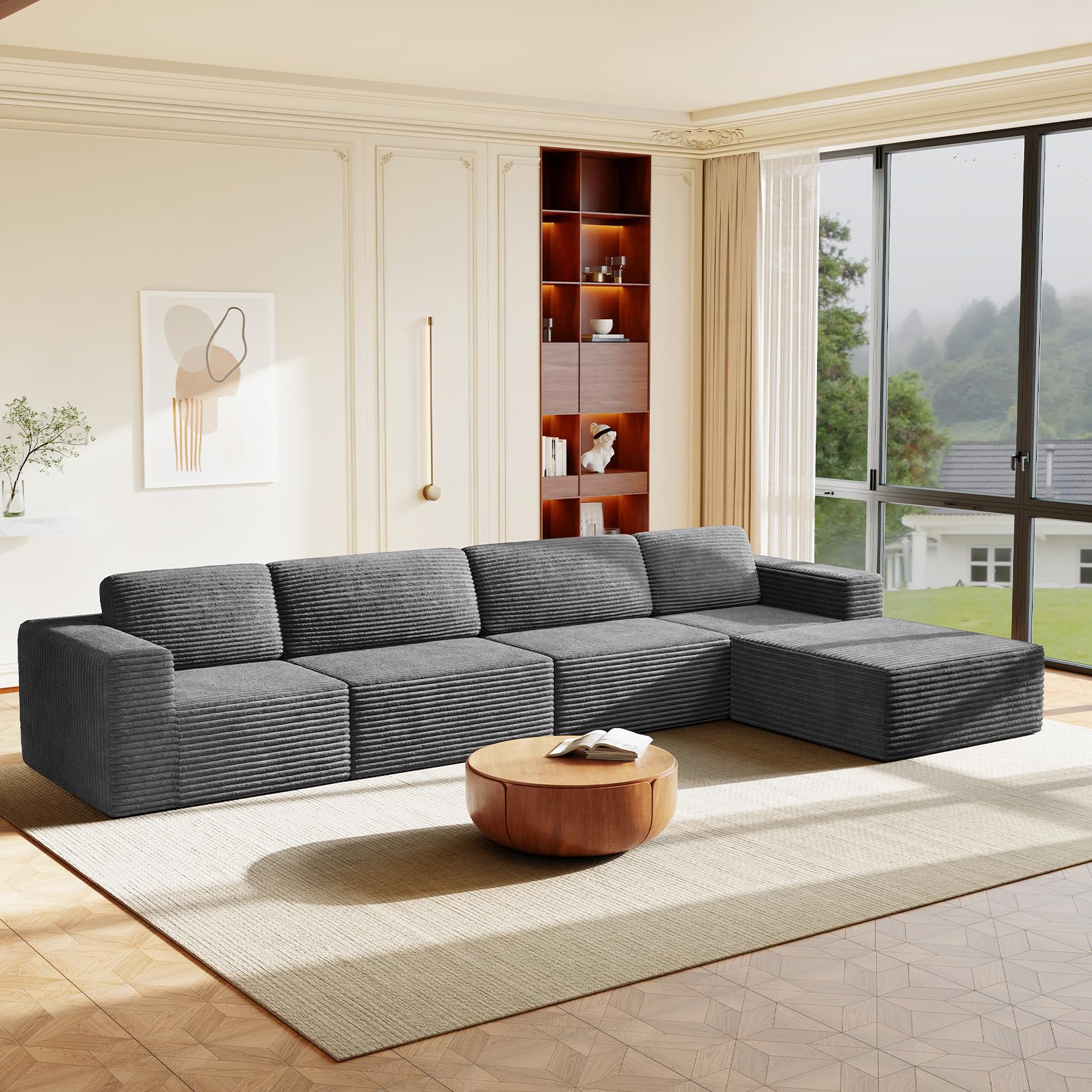159" Large Modular Sectional Sofa, L-Shaped Corduroy Cloud Couch with Deep Seats & Spring Support, 4-Seater Boneless Sofa with Movable Ottoman, No Assembly Needed, Grey
