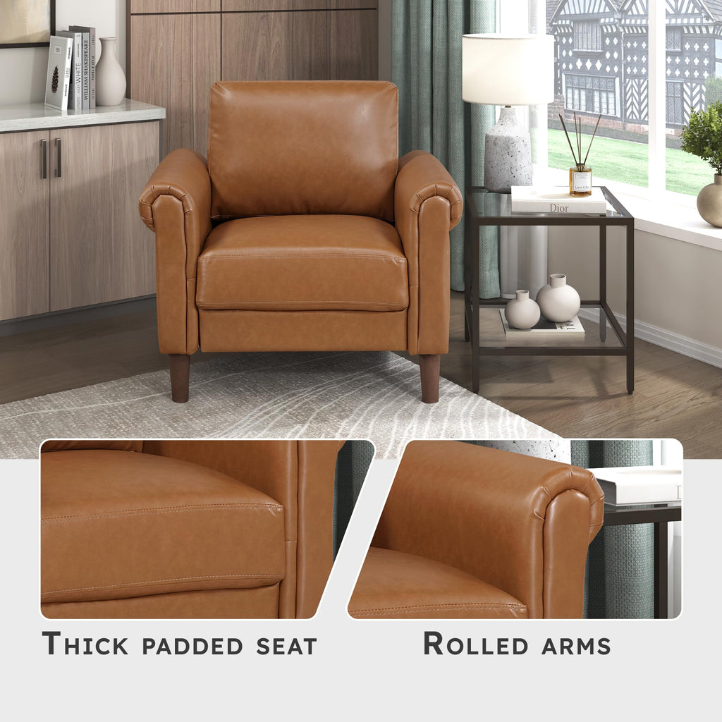 35" W Living Room Accent Chair, Faux Leather Upholstered Armchair with Rolled Armrest for Bedroom/Office/Waiting Room, Single Sofa Chair, Brown