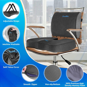 Lumbar Support Pillow & Seat Cushion Set for Office Chair, Desk Chair, Wheelchair & Car – Memory Foam Back Support, Ergonomic Chair Cushions, Sciatica Pain Relief, Home Essentials, Grey