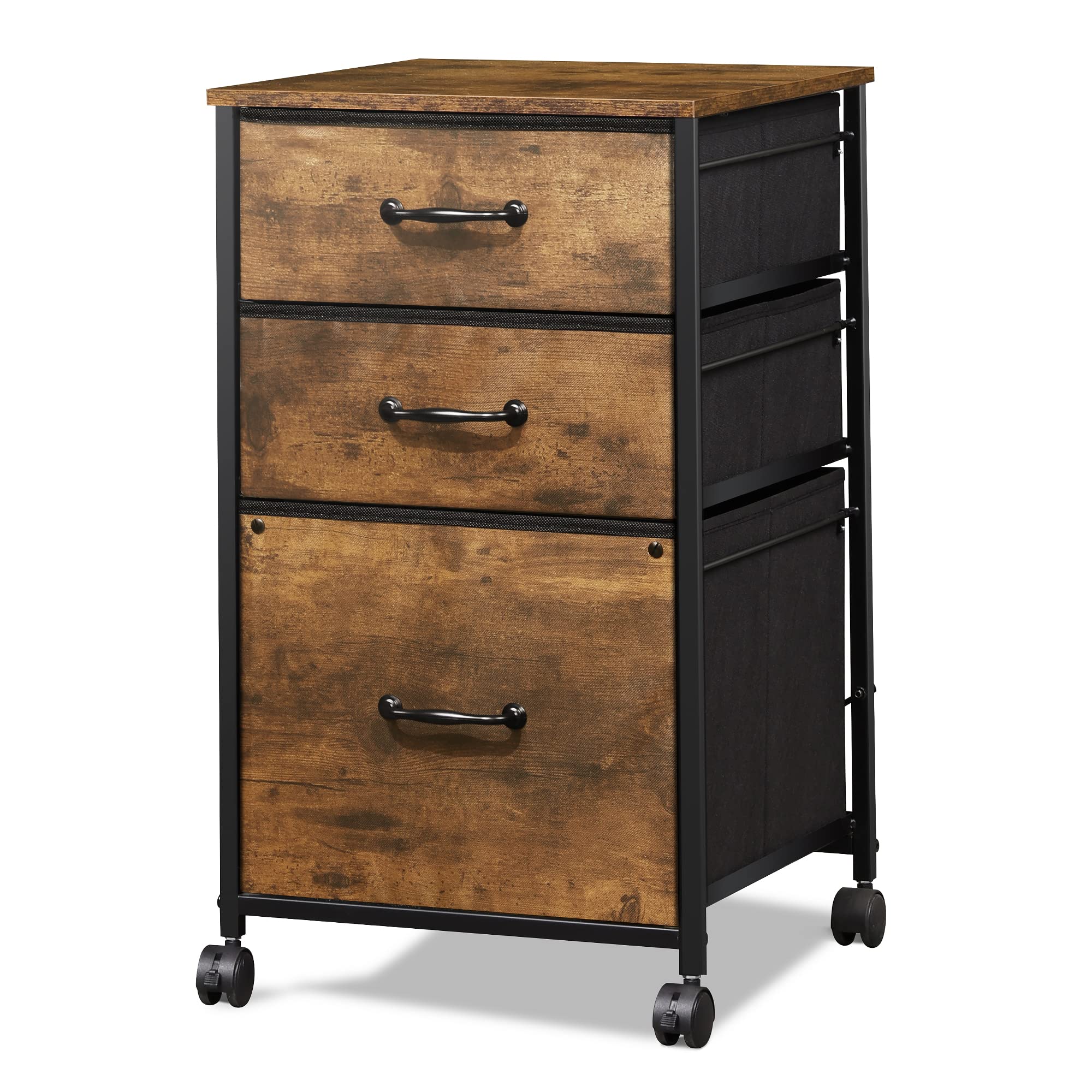 Mobile File Cabinet, Rolling Printer Stand with 3 Drawers, Fabric Vertical Filing Cabinet fits A4 or Letter Size for Home Office, Rustic Brown Wood Grain Print