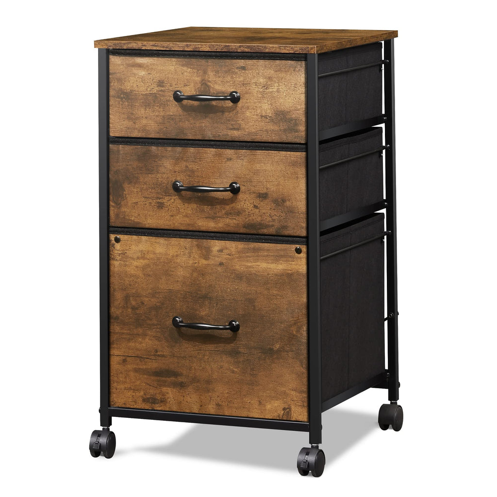 Mobile File Cabinet, Rolling Printer Stand with 3 Drawers, Fabric Vertical Filing Cabinet fits A4 or Letter Size for Home Office, Rustic Brown Wood Grain Print