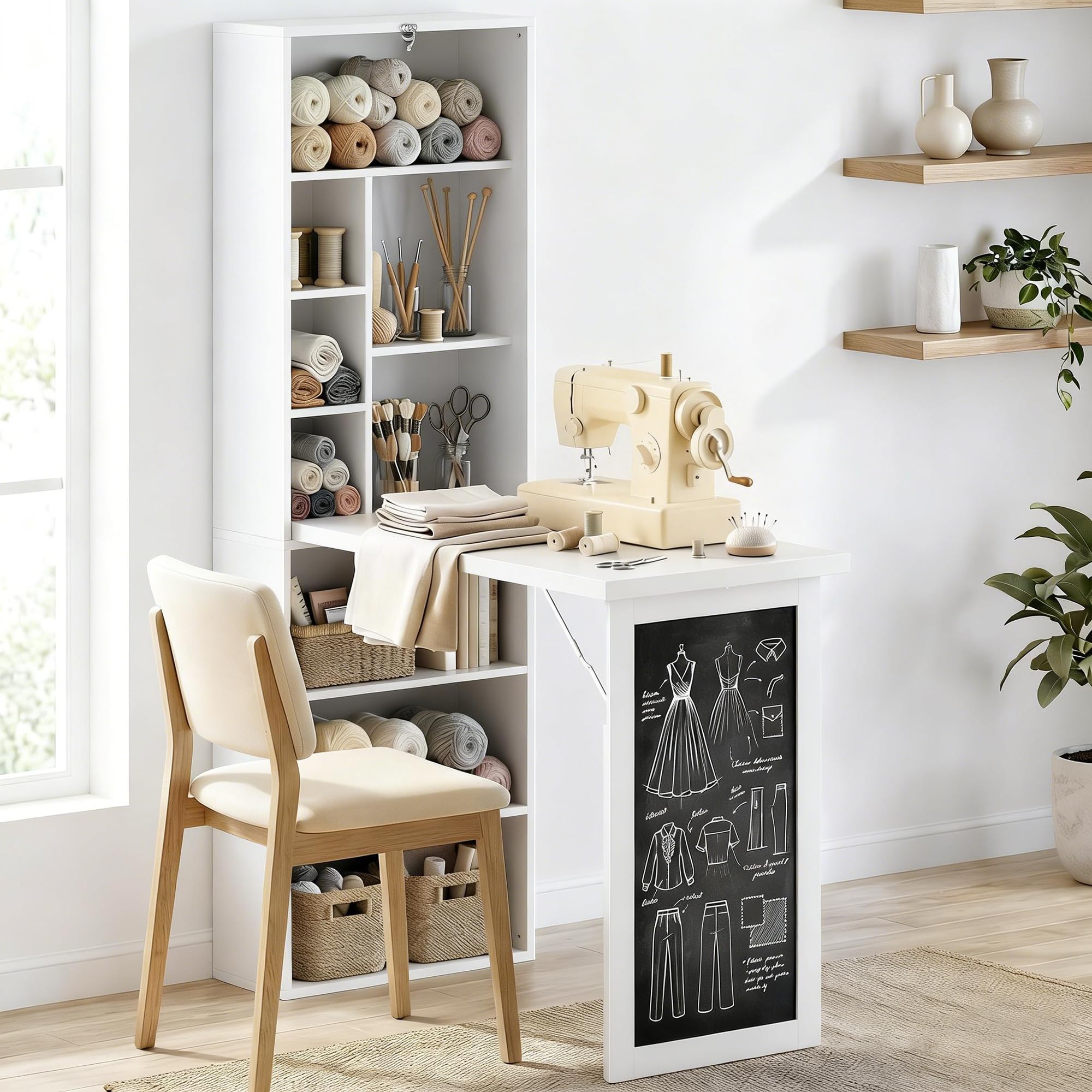 Foldable Convertible Writing Table, Wall Mounted Space-Saving Computer Desk with Chalkboard and Storage Shelves for Small Spaces, Home Office, Bedroom, Dorm, Apartment, White