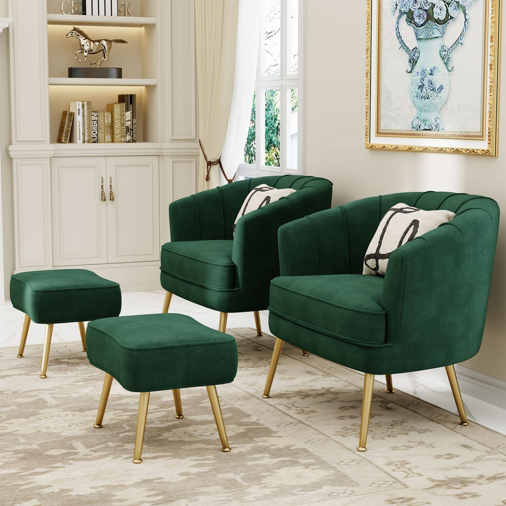 Velvet Accent Chair with Ottoman, Upholstered Modern Single Sofa Side Chair,Comfy Barrel Club Living Room Armchair with Golden Metal Legs for Bedroom Living Reading Room Office, Green