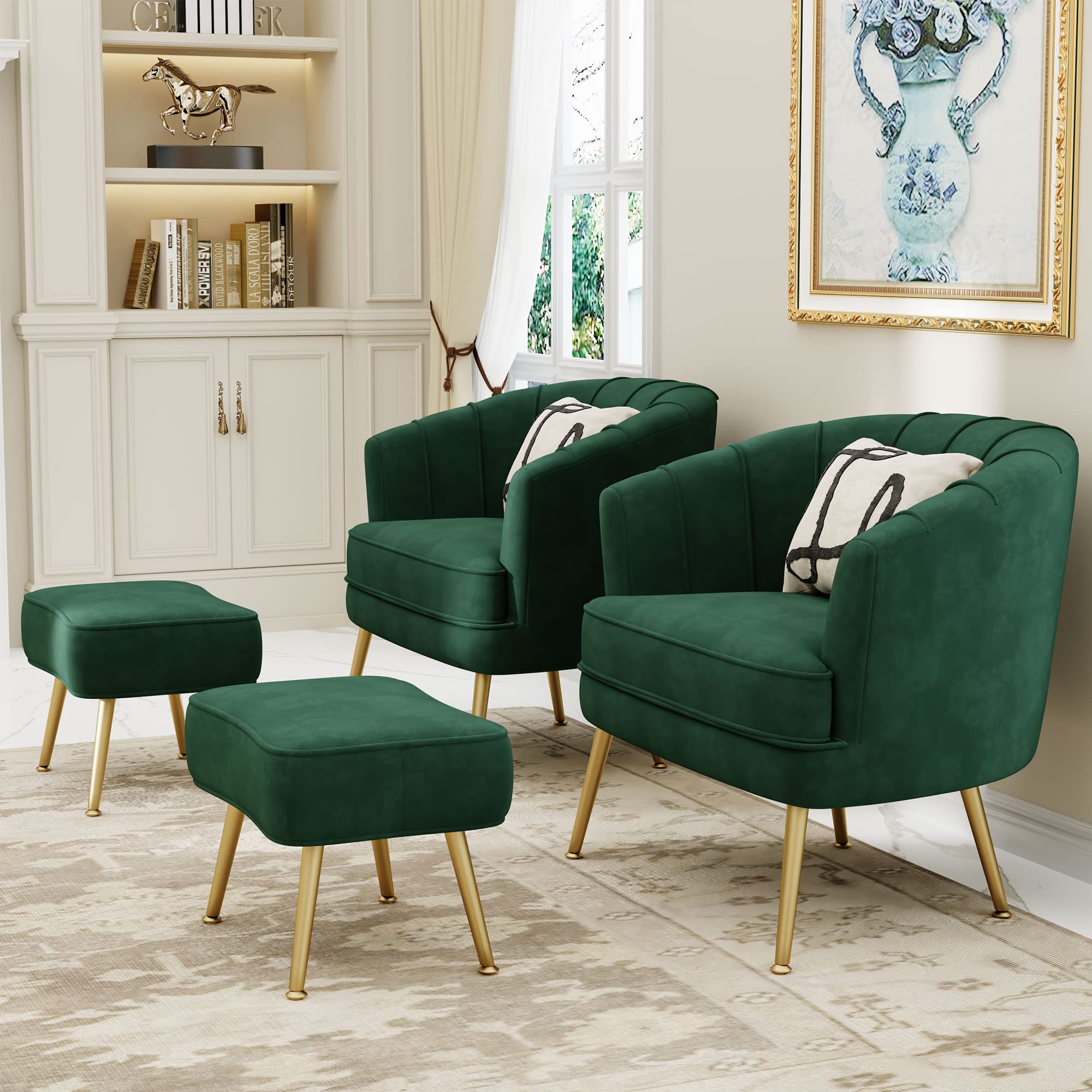 Velvet Accent Chair with Ottoman, Upholstered Modern Single Sofa Side Chair,Comfy Barrel Club Living Room Armchair with Golden Metal Legs for Bedroom Living Reading Room Office, Green