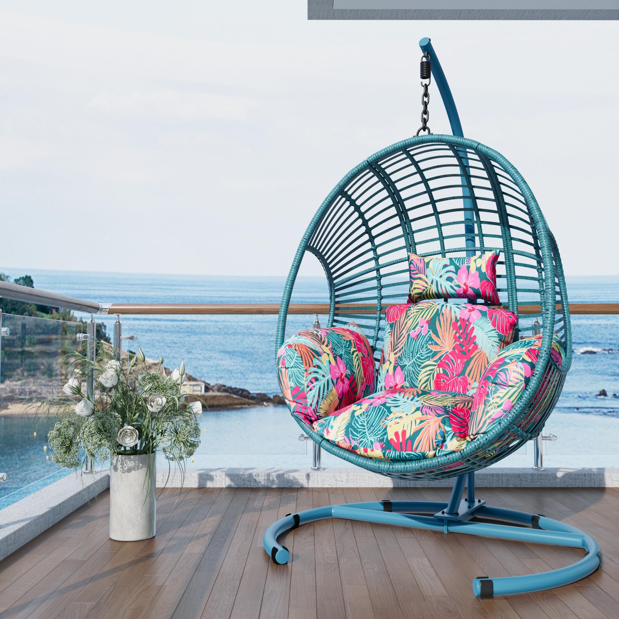 Oversized Hanging Egg Chair Outdoor Indoor, Wicker Swing Egg Chair with Stand 400lbs Capacity for Bedroom, Patio, Garden and Balcony (Hawaii Blue-Regular, Oversize)