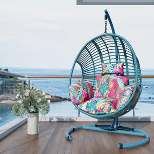 Oversized Hanging Egg Chair Outdoor Indoor, Wicker Swing Egg Chair with Stand 400lbs Capacity for Bedroom, Patio, Garden and Balcony (Hawaii Blue-Regular, Oversize)