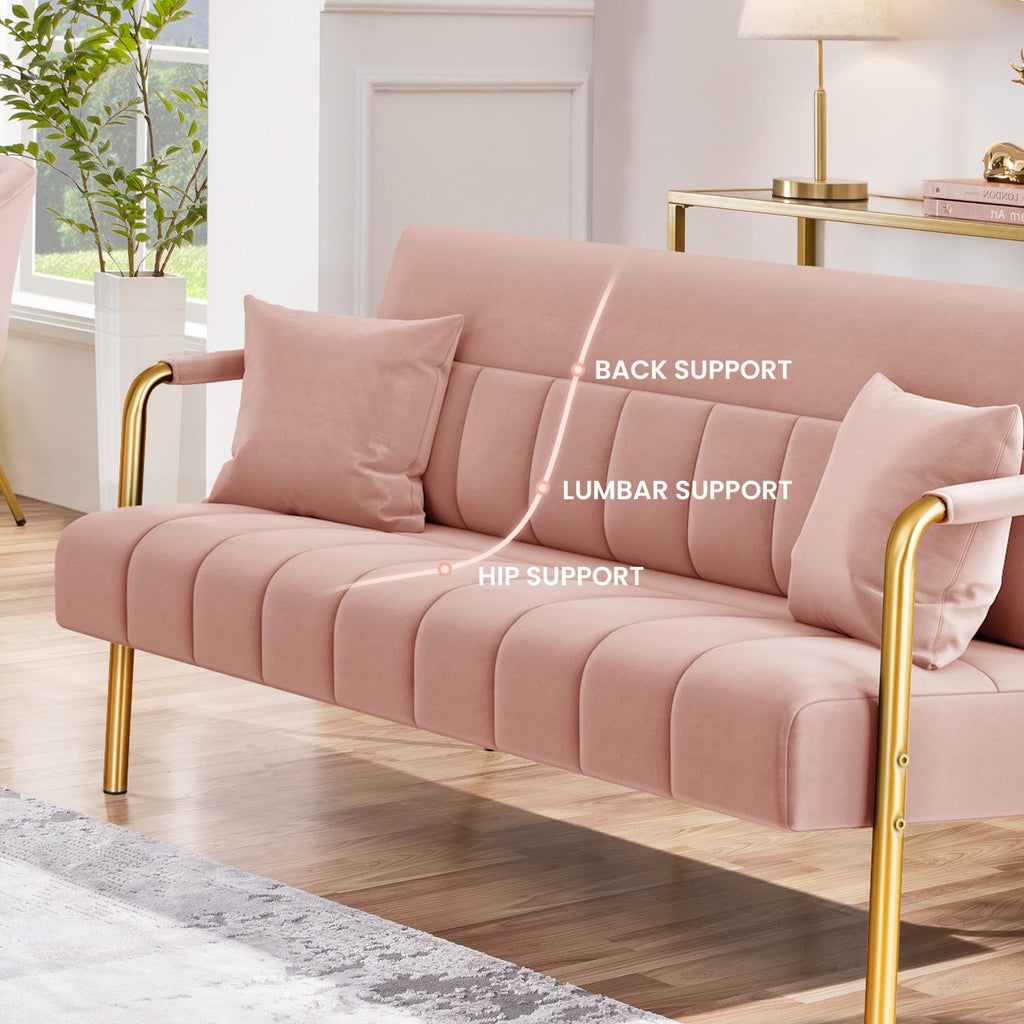 56.5" W Modern Sofa Small Sofa Luxurious Velvet Fabric Couch with Gold-Tone Metal Arms and Legs for Living Room, Home Office, Studio Pink