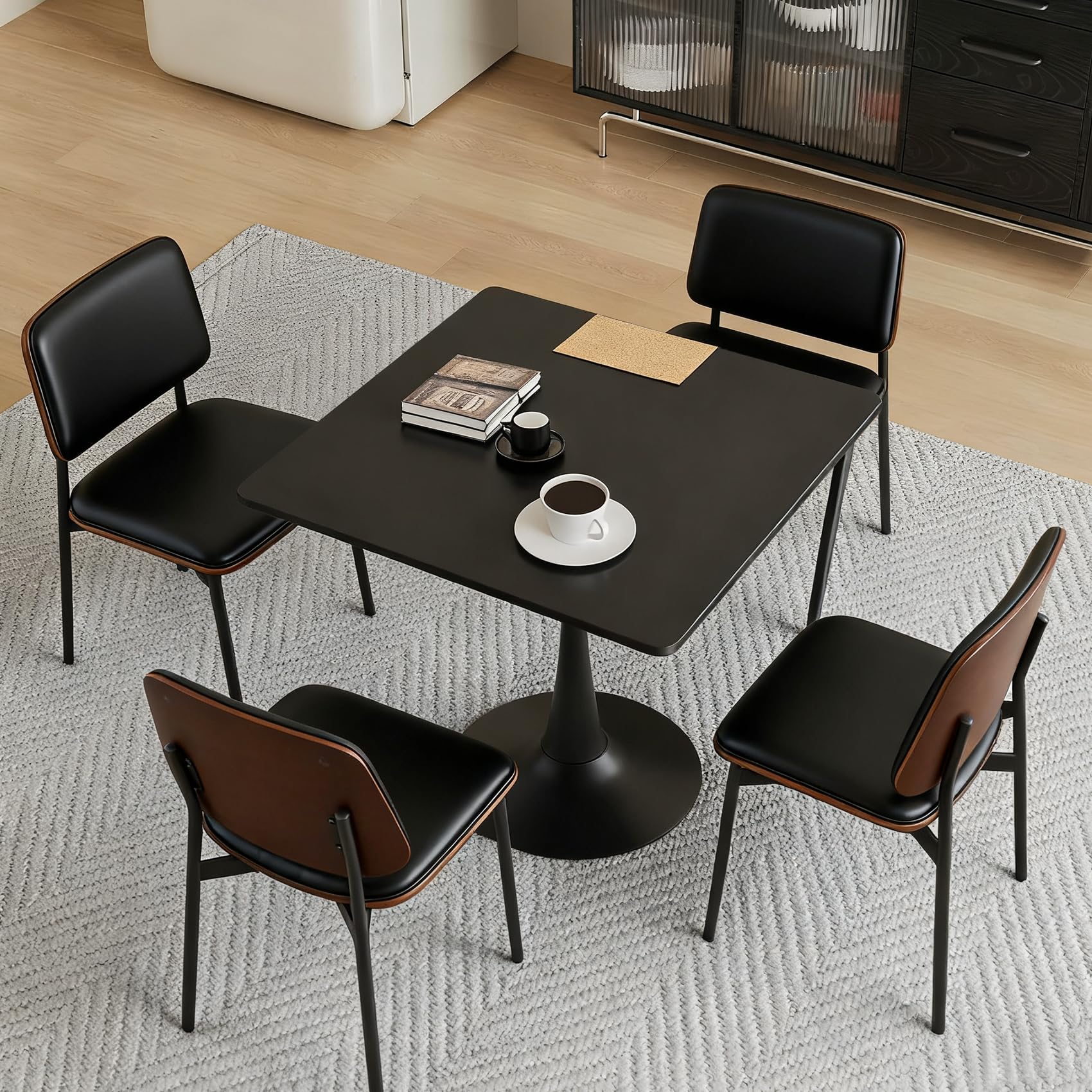 Square Dining Table, 31.5" Tulip Table with Thickened Tabletop & Metal Pedestal, Mid Century Modern Bistro Table for Kitchen, Small Places, Living Room, Cafe (Black)