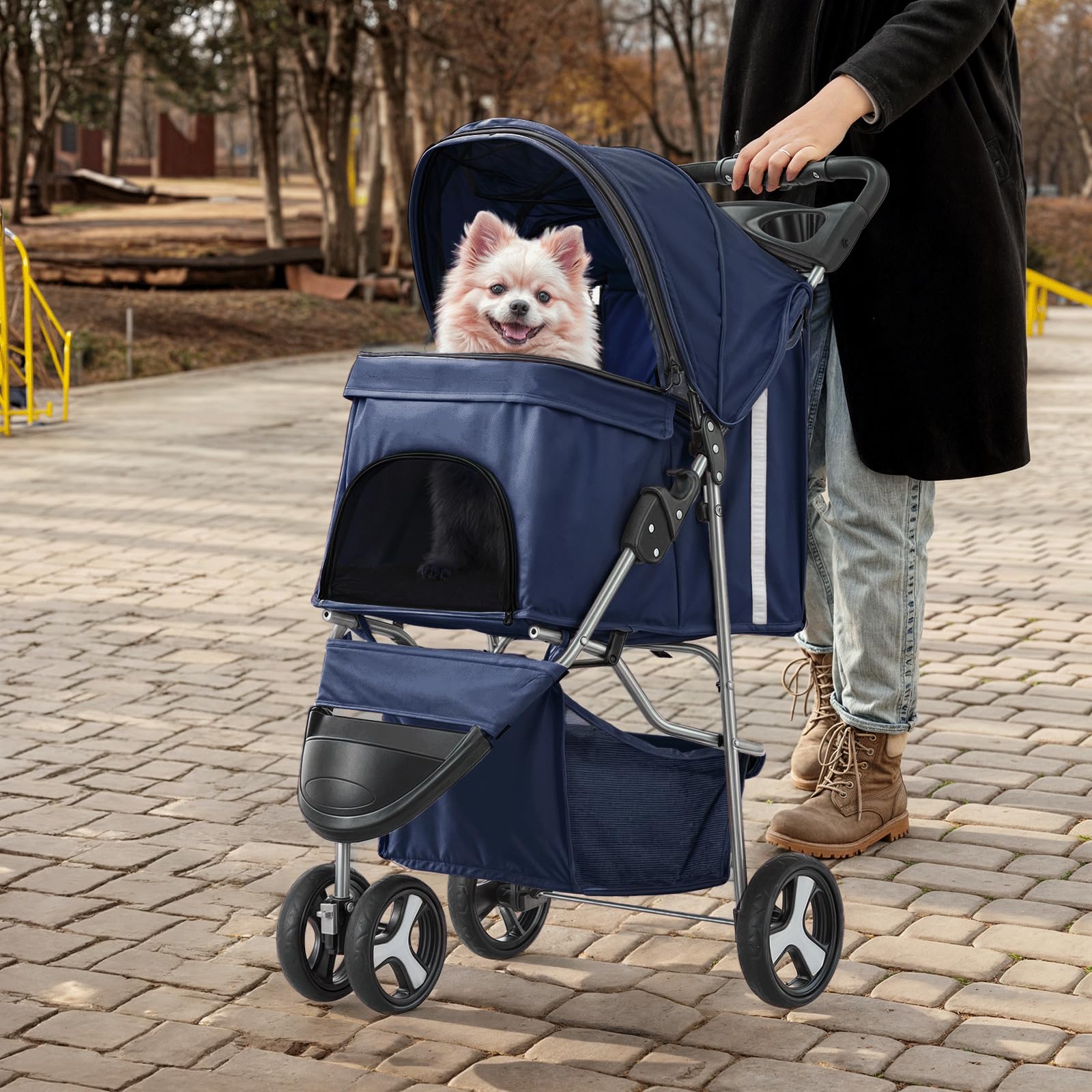 3 Wheels Pet Stroller, Foldable Dog Cat Cage Jogger Stroller with Weather Cover for All-Season, Storage Basket and Cup Holder, Breathable and Visible Mesh for Small/Medium Pets, Blue