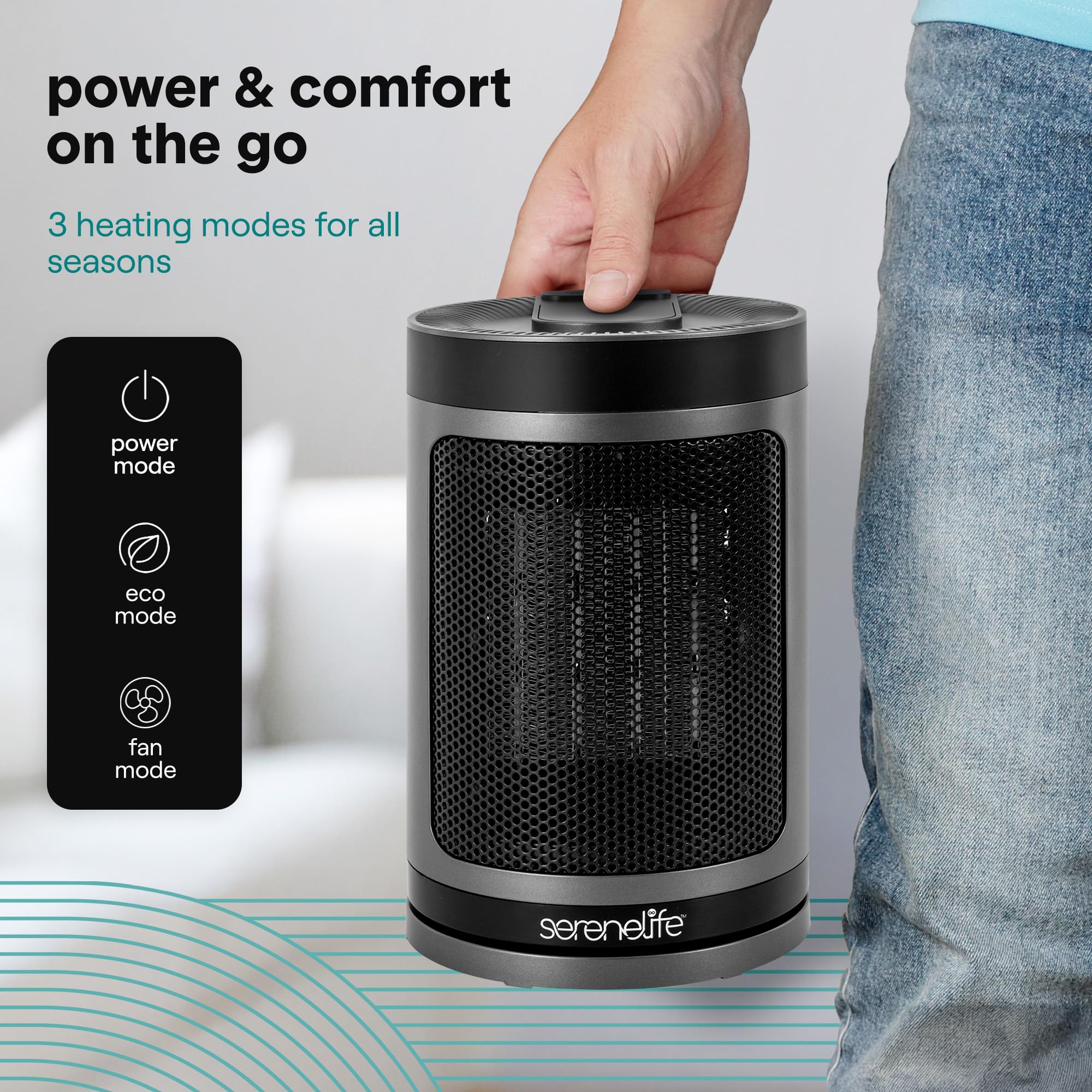 Smart Space Heater – 1500W Indoor Electric Heater with Thermostat, Remote Control, 12-Hour Timer, Wi-Fi Enabled PTC Ceramic Heating for Home and Office, Gray (5.9" x 5.9" x 9.5")