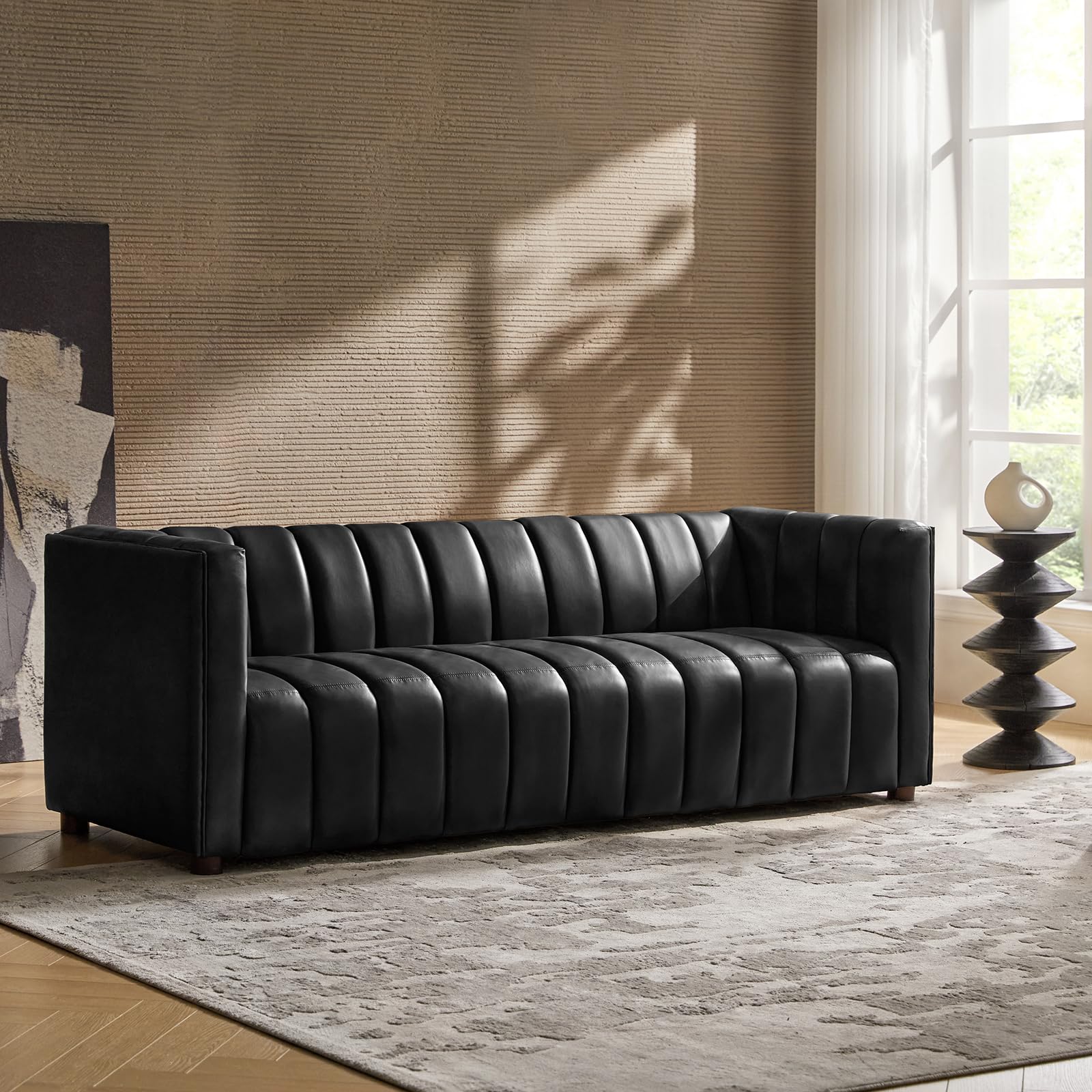 83" Genuine Leather Sofa with Channel Tufted Design, 3-Seater Sofa for Living Room Bedroom, Modern Oversized Couch with Wood Legs, Black