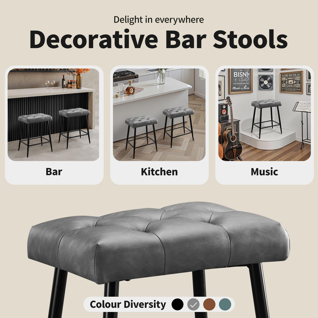 Bar Stools Set of 2, Counter Height Bar Stools for Kitchen Island, 24 Inch Modern Bar Stool for Kitchen Counter, Kitchen Bar Chairs with Footrest and Metal Legs, Grey