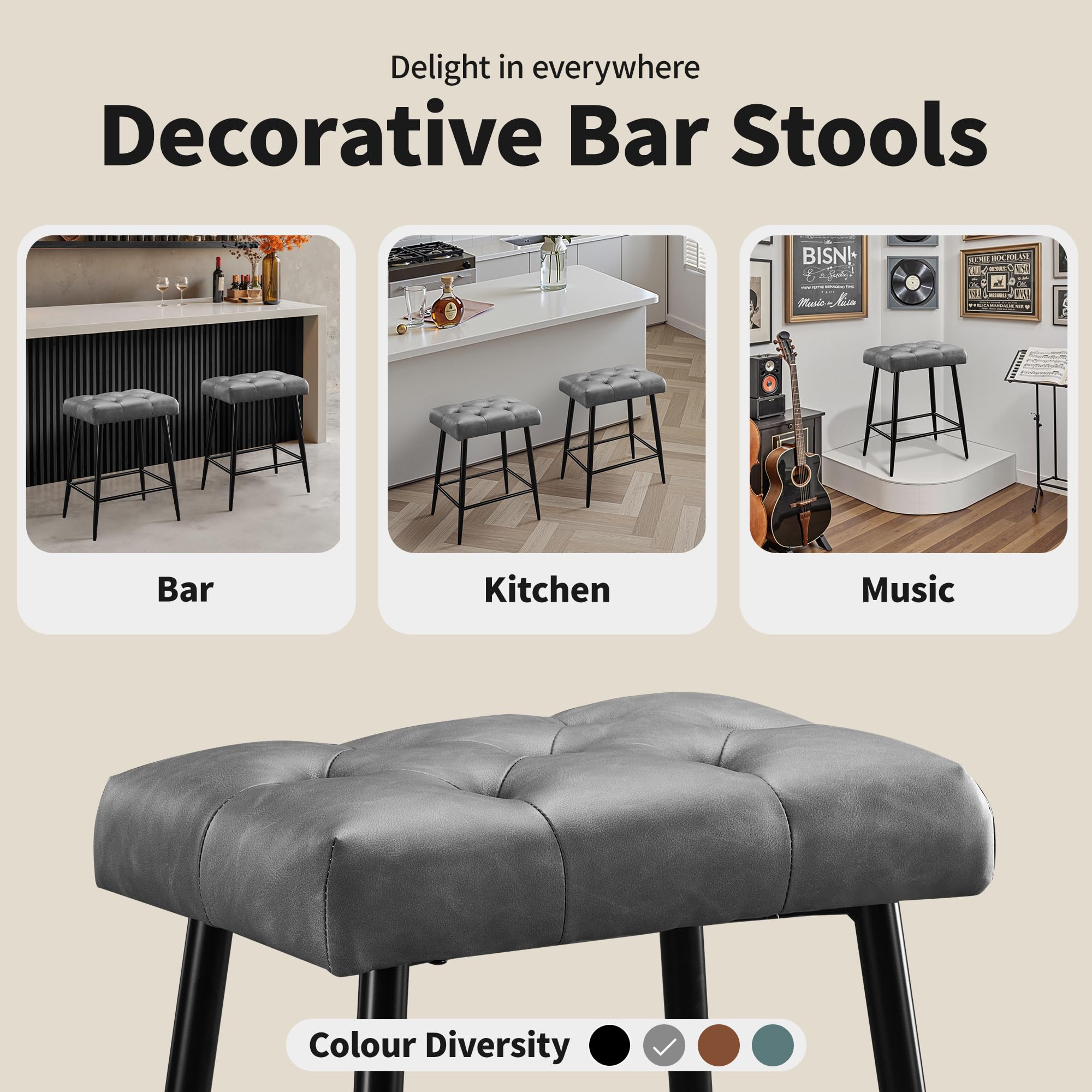 Bar Stools Set of 2, Counter Height Bar Stools for Kitchen Island, 24 Inch Modern Bar Stool for Kitchen Counter, Kitchen Bar Chairs with Footrest and Metal Legs, Grey