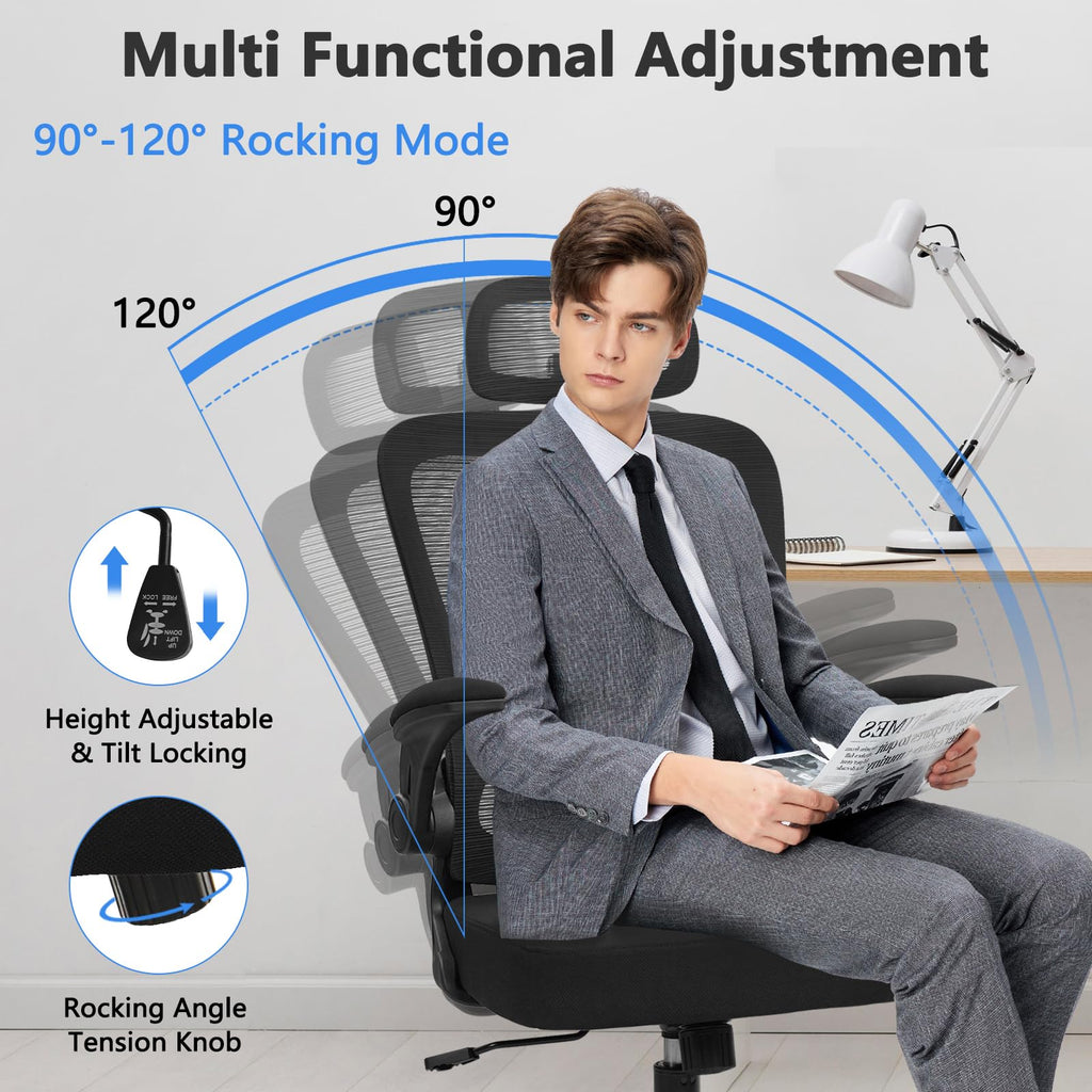 Home Office Desk Chair with Flip Up Armrests, Mesh Back Chair with Adjustable Height Lumbar Support and Headrest, Ergonomic Computer Task Chair for School, Conference, Black