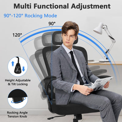 Home Office Desk Chair with Flip Up Armrests, Mesh Back Chair with Adjustable Height Lumbar Support and Headrest, Ergonomic Computer Task Chair for School, Conference, Black