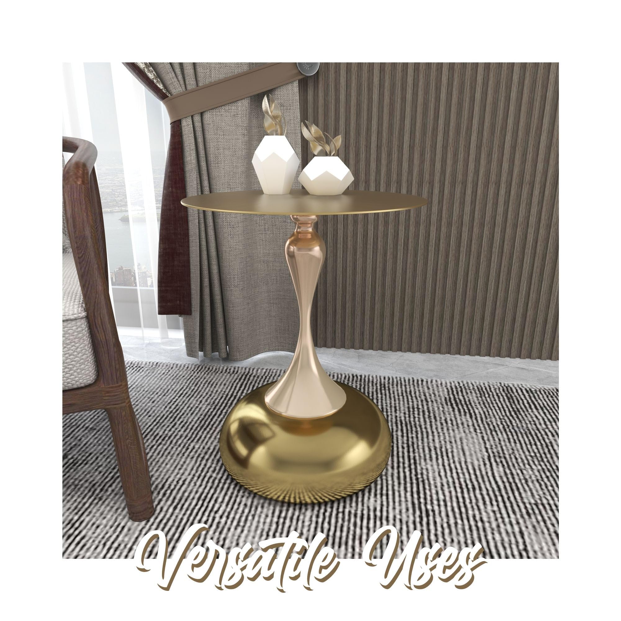 Modern Round Side Table with Gold Stainless Steel Top, Gold Pedestal Stem & Glossy Base, Accent End Table for Living Room, Bedroom, or Small Spaces, 17.7" × 21.6", Shiny Gold