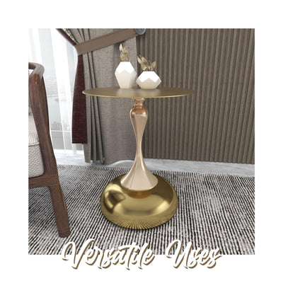 Modern Round Side Table with Gold Stainless Steel Top, Gold Pedestal Stem & Glossy Base, Accent End Table for Living Room, Bedroom, or Small Spaces, 17.7