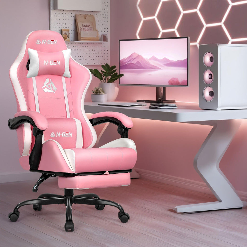 Video Gaming Chair with Footrest Lumbar Support for Home Office High Back Recliner Height Adjustable Ergonomic Comfy Leather Computer Desk Chair (Pink)