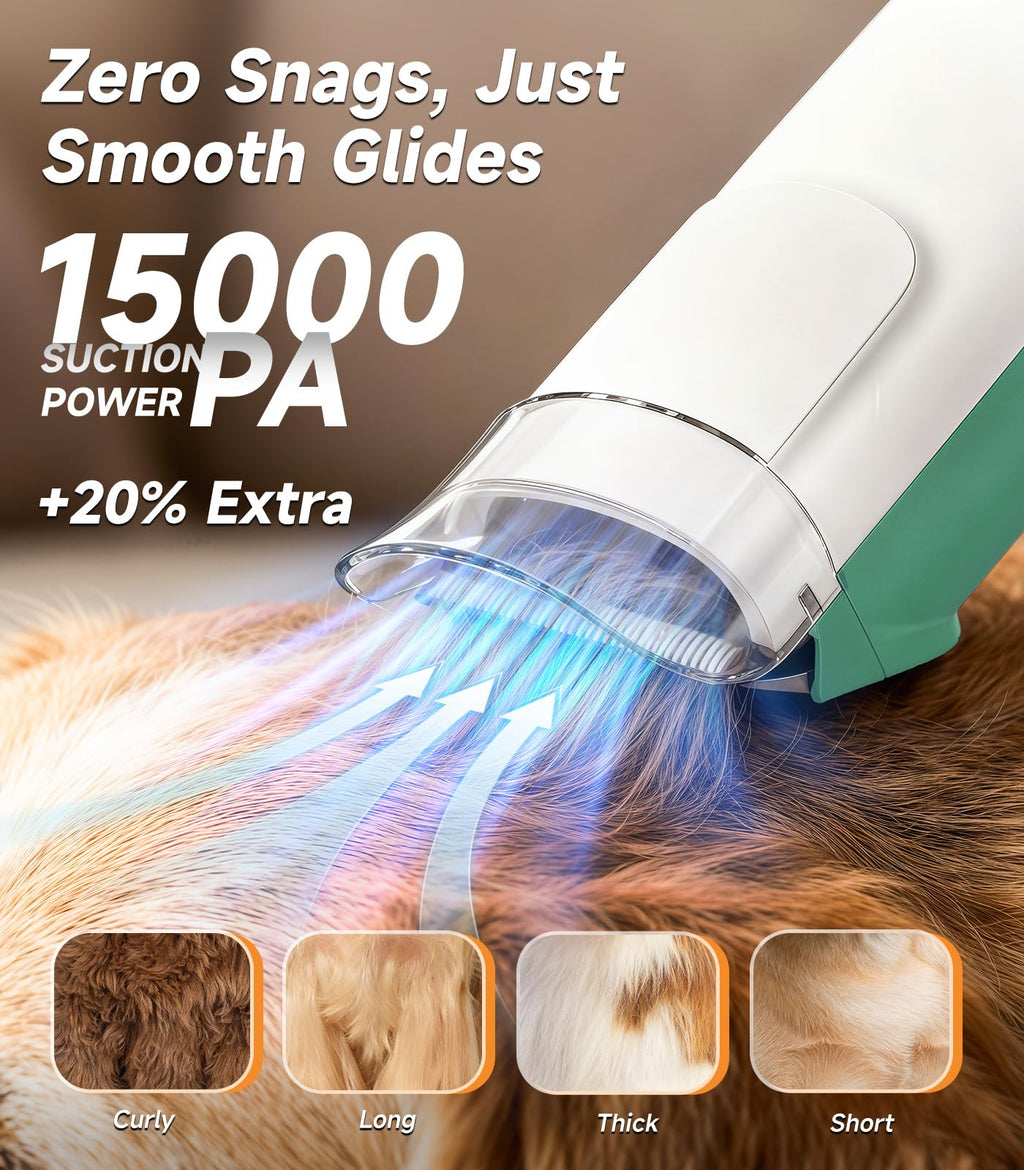 Dog Grooming Kit with Vacuum, 15000Pa Pet Hair Clipper and Shedding Brush, 50dB Low Noise, 2L Capacity, White