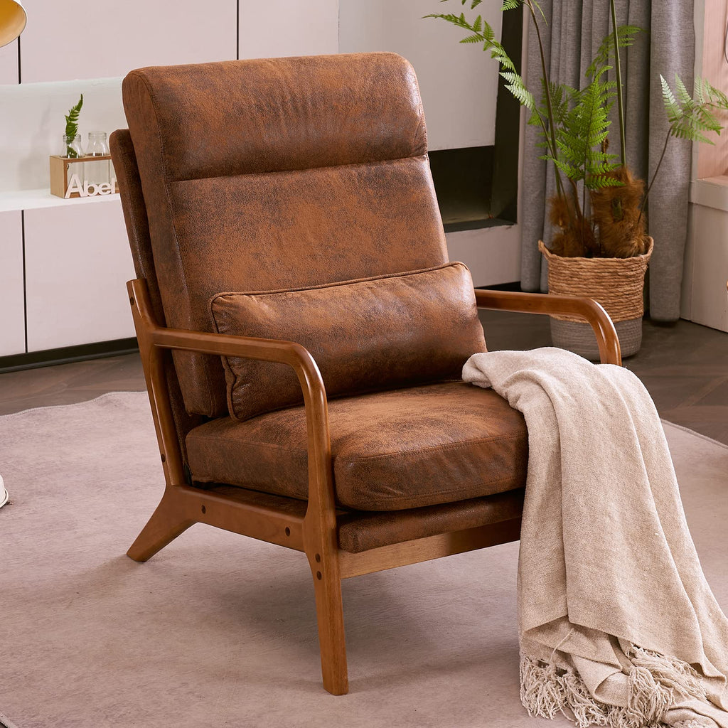 High Back Microfiber Rustic Mid Century Modern Accent Chair, Soild Wood Padding Lounge Armchairs Side Sitting Chairs for Living Room, Bedroom, Guest Room