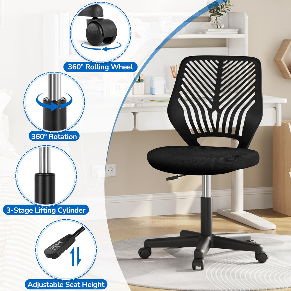 Students Cute Desk Chair Low-Back Armless Study Chair w/Lumbar Support Adjustable Swivel Chair in Home Bedroom School, Black