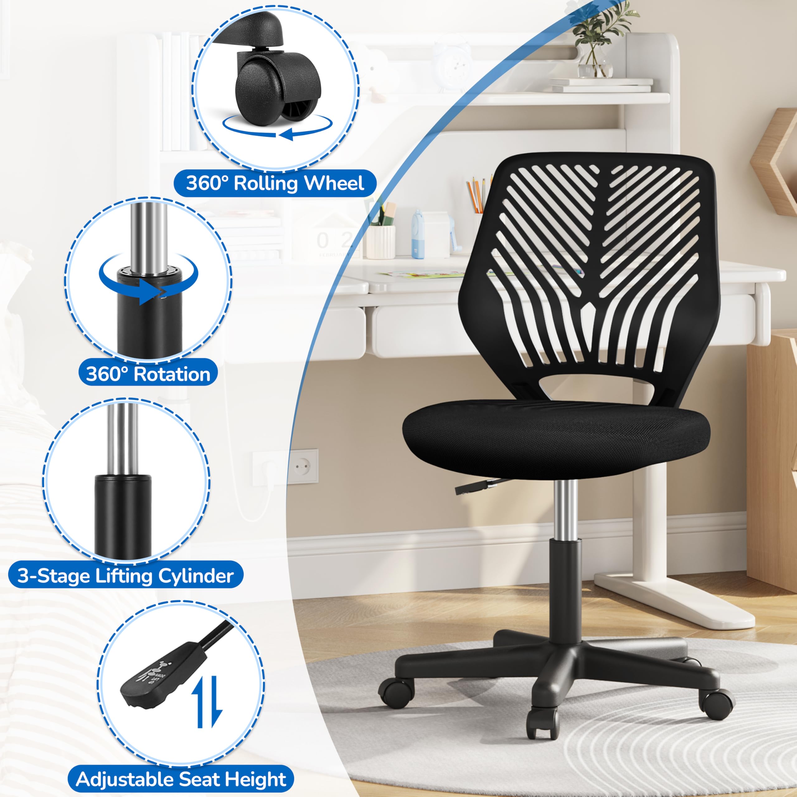 Students Cute Desk Chair Low-Back Armless Study Chair w/Lumbar Support Adjustable Swivel Chair in Home Bedroom School, Black