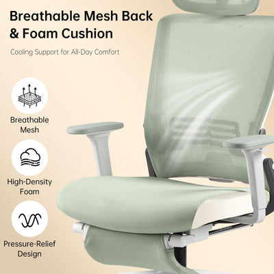 Foldable Office Chair with Foot Rest, Ergonomic Office Chair with Adjustable Lumbar Support, Headrest, Armrest, Home Office Desk Chair for Space Saving, Work from Home, Green