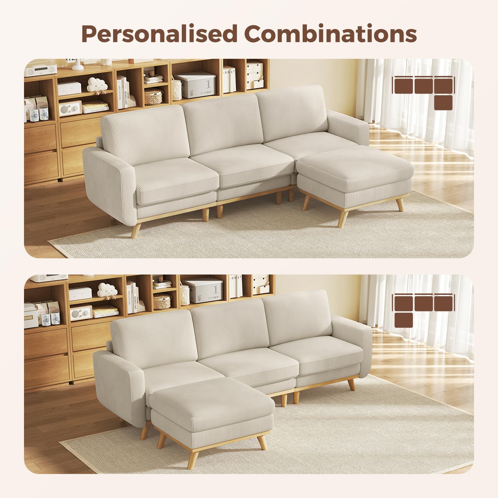 97" Modular Sectional Sofa Light Gray, L-Shaped Couch with Movable Ottoman, Comfy Corduroy Couch with Spring Cushion, Modular Sofa with Deep Seat for Living Room, Bedroom and Apartment