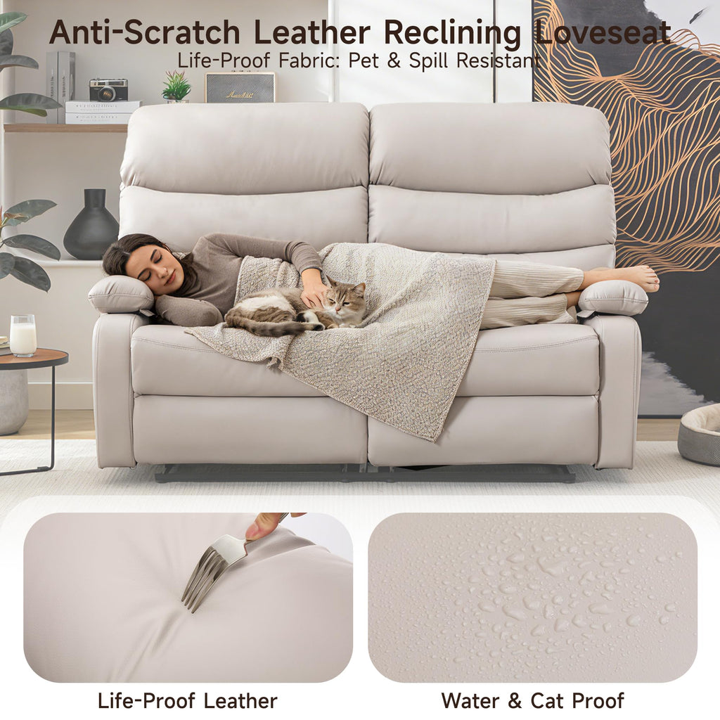 Reclining Loveseat, Leather Double Recliner Sofa with Side Pocket, Wall Hugger Loveseat Recliner for Living Room, RV, Home Theater(Beige)