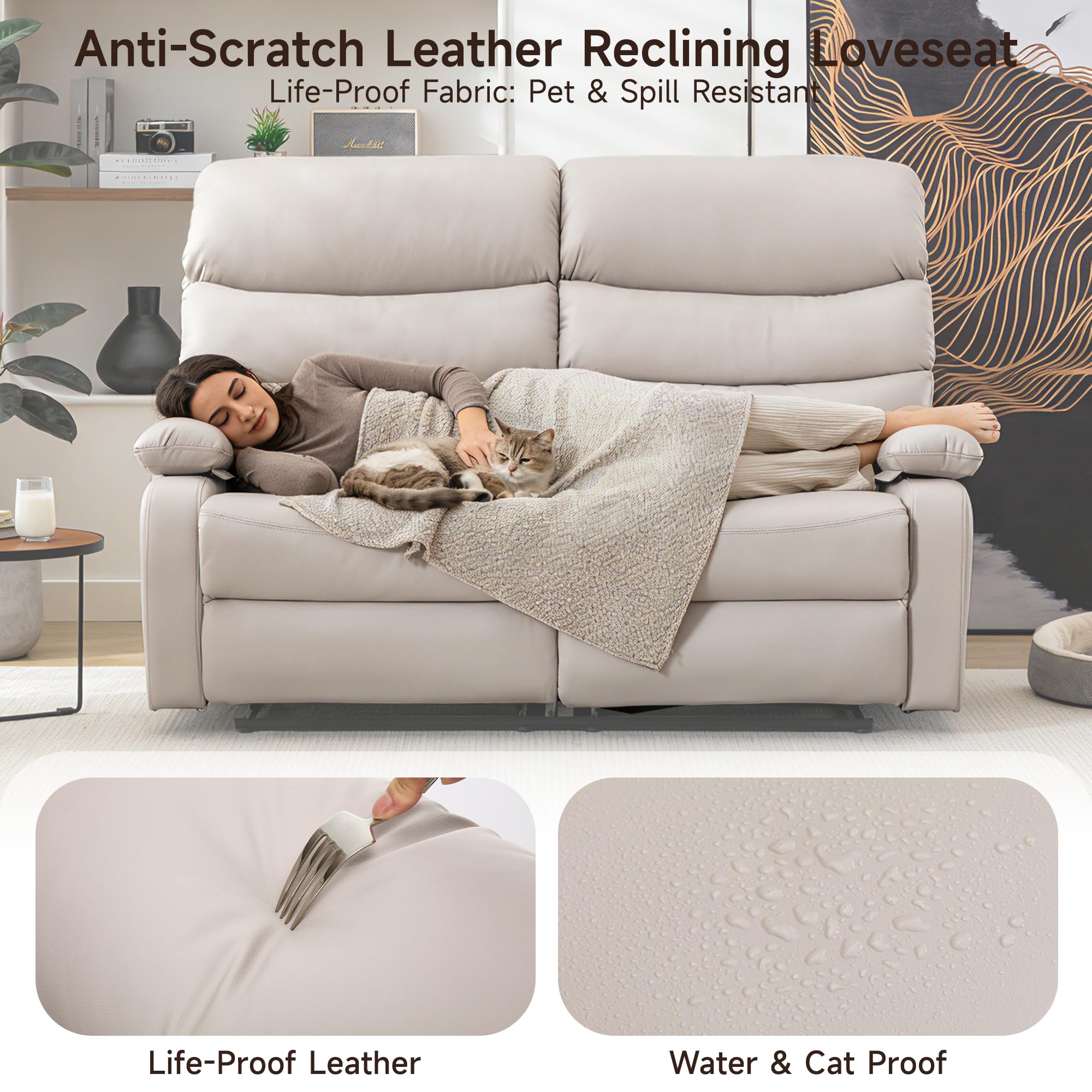 Reclining Loveseat, Leather Double Recliner Sofa with Side Pocket, Wall Hugger Loveseat Recliner for Living Room, RV, Home Theater(Beige)